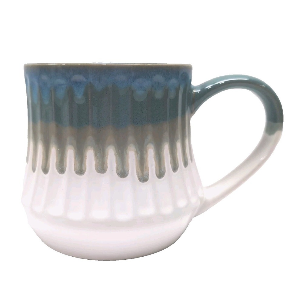Boston Warehouse Leaf & Bean Stoneware Mug White Blue Teal Reactive Drip Glaze